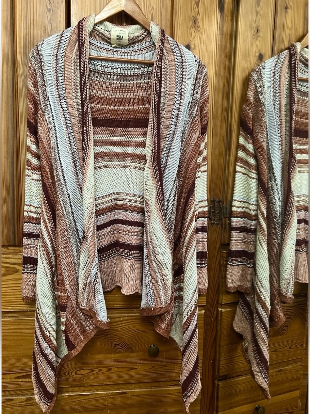 Billabong Striped Open-Front Knit Cardigan in rose, maroon & cream, pockets